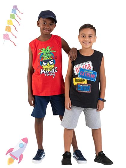 Imagem de Kit 2 Conjuntos Infantil Juvenil Menino Verão Camiseta Regata em Meia Malha e Bermuda em Moletinho com Elástico