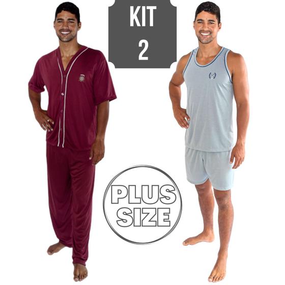 Imagem de Kit 2 Conjuntos Pijama Masculino Plus Size Verão Manga Curta E Calça + Regata E Short