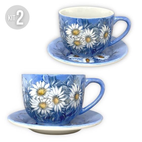 Imagem de Kit 2 Consumê Jumbo com Prato 500 ml Caneca de Porcelana Xícara Grande Pintada à Mão MARGARIDAS BRANCAS