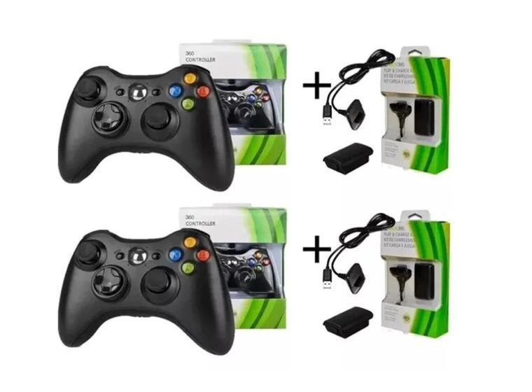 Imagem de Kit 2 Controles Joystick Manete Compatível Xbox 360 + 2 baterias Recarregáveis Slim Pc Sem Fio Wireless Bluetooth