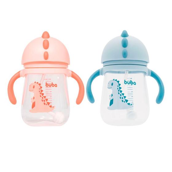 Imagem de Kit 2 copinho para bebe infantil crianças água suco transição treinamento canudo e válvula 240 ml dino buba