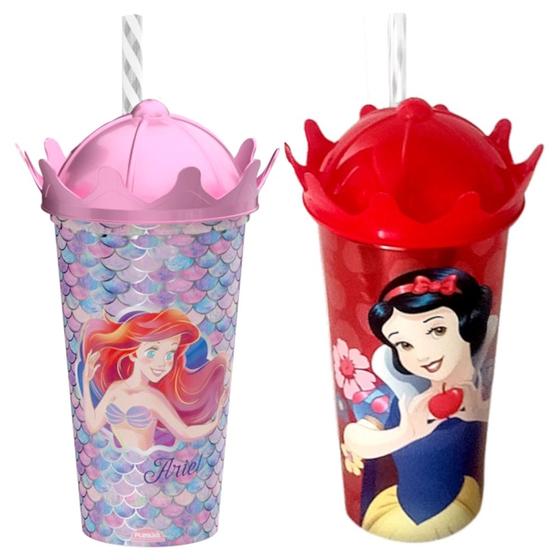 Imagem de Kit 2 Copo Shake c/Canudo Princesas Disney Pequena Sereia e Branca de Neve 500ml