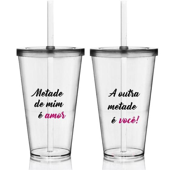 Imagem de Kit 2 Copos Com Tampa E Canudo Metade De Mim