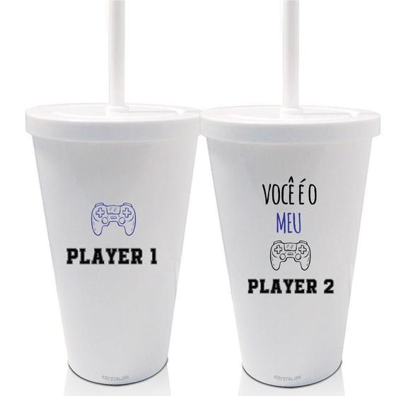 Imagem de Kit 2 Copos Com Tampa E Canudo - Player 1&2