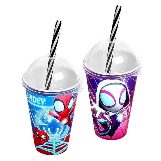 Imagem de Kit 2 Copos Spider-Man Aranha com Canudo e Tampa Infantil
