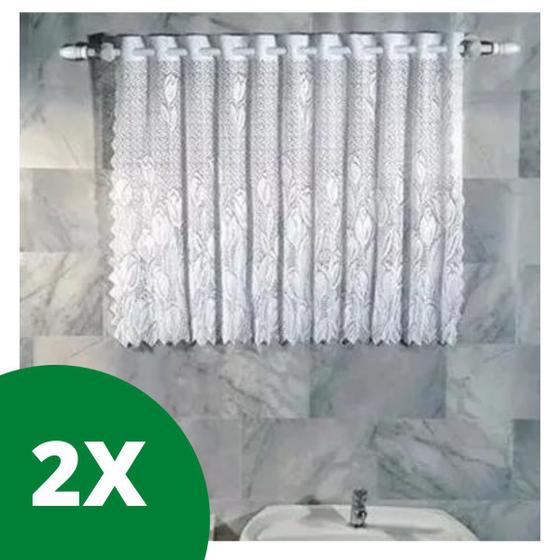 Imagem de Kit 2 Cortinas Vitrô Banheiro Renda Branca Grossa 90x70cm