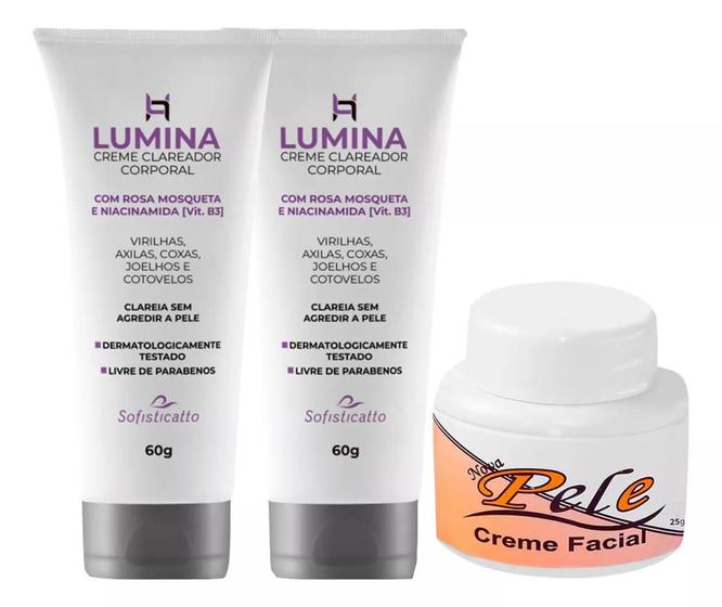 Imagem de Kit 2 Creme Clareador Corporal Axila e Virilha Lumina + 1 Creme Clareador Facial Nova Pele