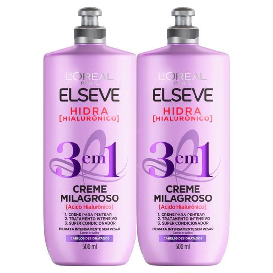 Imagem de Kit 2 Creme de Pentear Elseve Milagroso Hidra Hialurônico 3 em 1 com 500ml