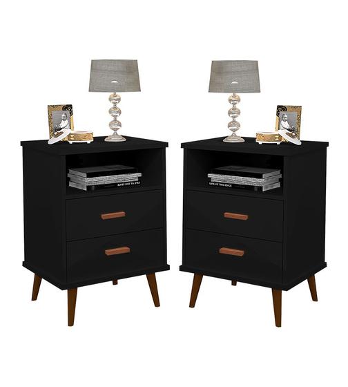 Imagem de Kit 2 Criado Mesa De Cabeceira Decore Itália com 2 gavetas 1 nicho pés retrô em madeira