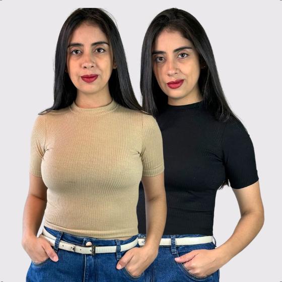 Imagem de Kit 2 Cropped Blusinhas Femininas Canelado T-shirt Manga Curta