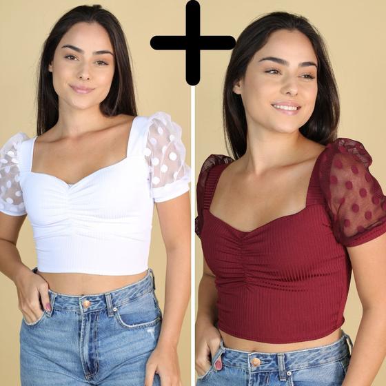 Imagem de Kit 2 Cropped Feminino Canelado Manga Curta Croped Cropet Moda Blogueira Gringa Verão Inverno Confortável Com Bojo