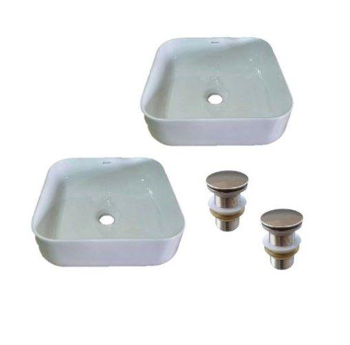 Imagem de Kit 2 Cuba Quadrada Sobrepor Porcelana 2 Válvulas Click Inox