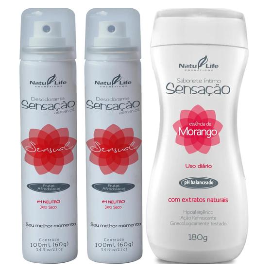 Imagem de Kit  2 Desodorante Íntimo Sensual Frutas Afrodisíacas + 1 Sabonete Íntimo Líquido Sensação Morango