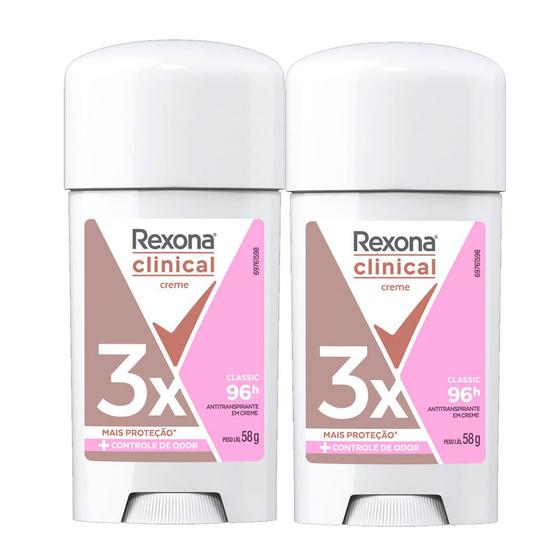 Imagem de Kit 2 Desodorante Rexona Clinical Creme Classic Antitranspirante 96h Stick 58g