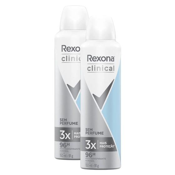 Kit 2 Desodorante Rexona Clinical Sem Perfume Aerosol Antitranspirante 96h 150ml Menor preço em Kit 2 Desodorante Rexona Clinical Sem Perfume Aerosol Antitranspirante 96h 150ml