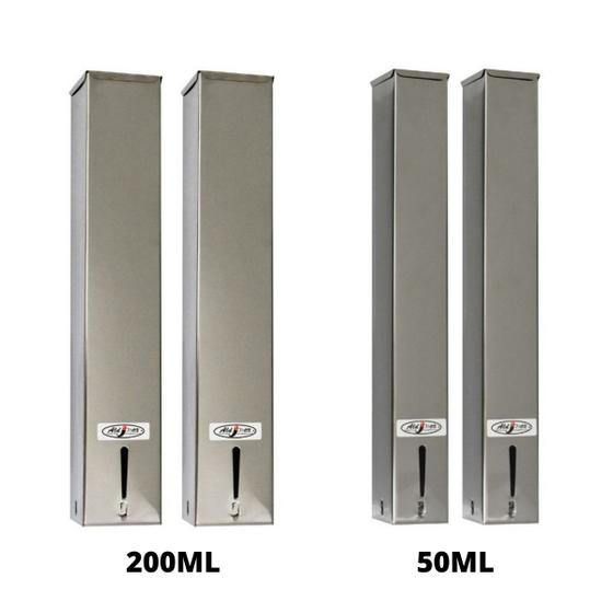 Imagem de Kit 2 Dispensers Quadrado 50ml Inox + 2 Dispensers Quadrado 200ml Inox