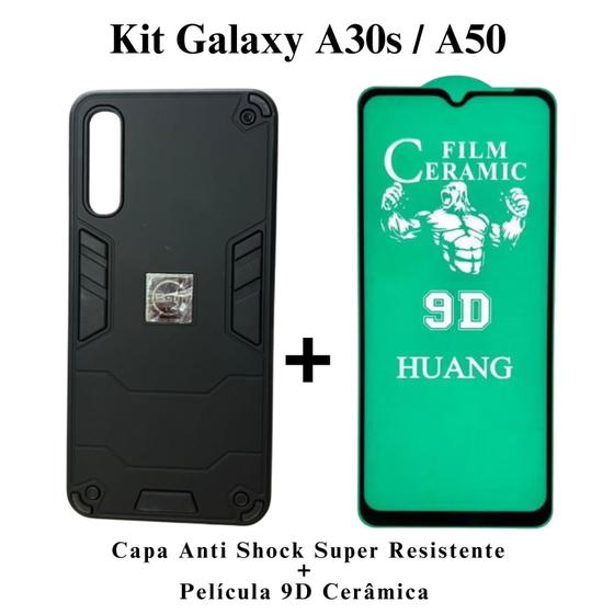 Imagem de Kit 2 em 1 Capa Anti Impacto Armadura Resistente + Película 9D de Cerâmica para Samsung Galaxy A30S / A50 Cor:Preto