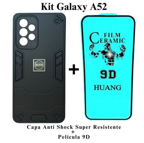 Imagem de Kit 2 em 1 Capa Capinha Armadura Resistente + Película 9D de Cerâmica para Samsung Galaxy A52  Cor:Preto