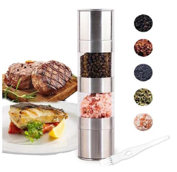 Kit 2 em 1 Moedor Duplo Triturador Inox Acrílico Temperos Sal Grosso Pimenta Pratico Menor preço em Kit 2 em 1 Moedor Duplo Triturador Inox Acrílico Temperos Sal Grosso Pimenta Pratico