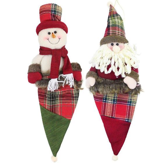 Imagem de Kit 2 Enfeites Árvore Natal Papai Noel E Boneco Neve Saco Natalino Xadrez