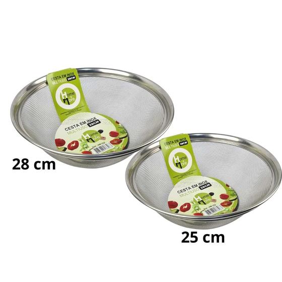 Imagem de Kit 2 Escorredor Cesto em Inox Frutas Alimentos Multiuso 25 e 28 cm