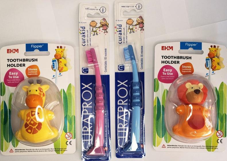 Kit 2 escova dental infantil curakid curaprox + 2 porta escova bichinho ...