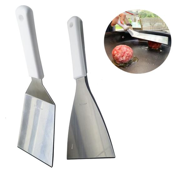 Imagem de Kit 2 Espátulas 1 Reta 1 Curva Profissional Grande Em Aço Inox Chapeiro Grande Para Chapas Grelhas e Frigideiras Lanches E Porções