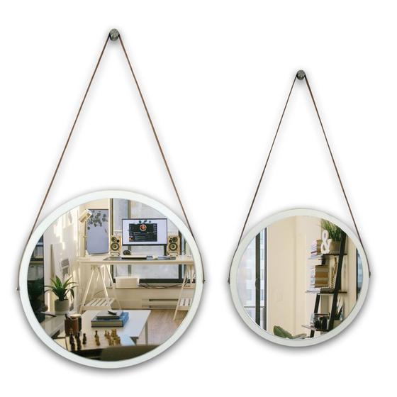 Imagem de Kit 2 espelhos adnet moldura branca 58 e 48 cm com cinta cor marrom de pendurar redondo de vidro
