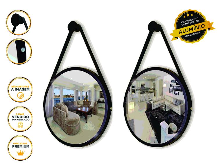 Kit 2 Espelhos Redondo Decorativo Suspenso Alça 30cm + Suporte Preto Alça Preta Menor preço em Kit 2 Espelhos Redondo Decorativo Suspenso Alça 30cm + Suporte Preto Alça Preta
