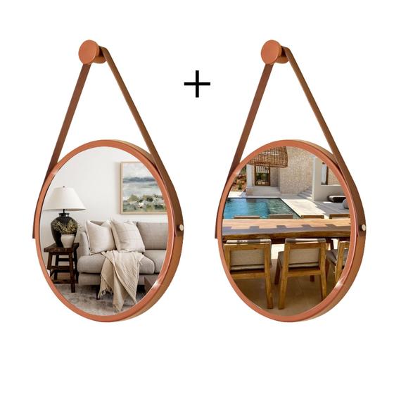 Imagem de Kit 2 Espelhos Redondo Decorativo Suspenso Alça 40cm + Suporte Cobre Alça Caramelo