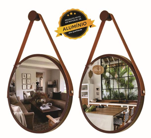 Imagem de Kit 2 Espelhos Redondo Decorativo Suspenso Alça 60cm + suporte Marrom Alça Caramelo