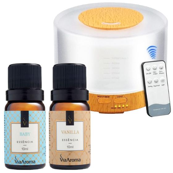 Imagem de Kit 2 Essências Via Aroma Baby e Vanilla + Difusor Aromático Madeira