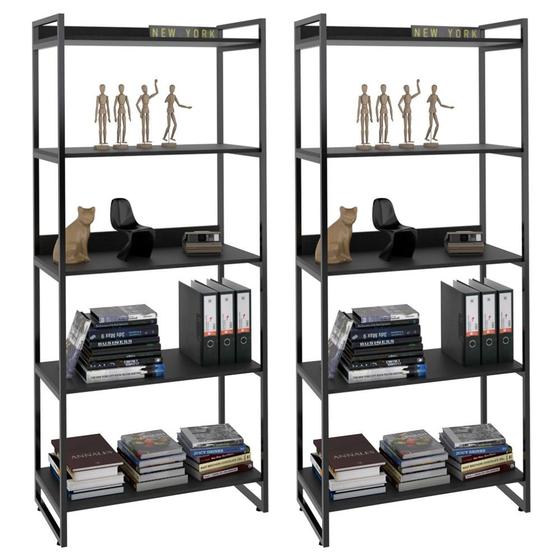 Imagem de Kit 2 Estantes Livreiro Prisma Estilo Industrial 80cm 5 Prateleiras Preto Onix - Mpozenato