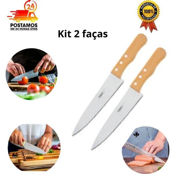 Imagem de kit 2 Facas de Cozinha Aço Inox Cabo de Madeira Carne Salada Legumes Churrasco