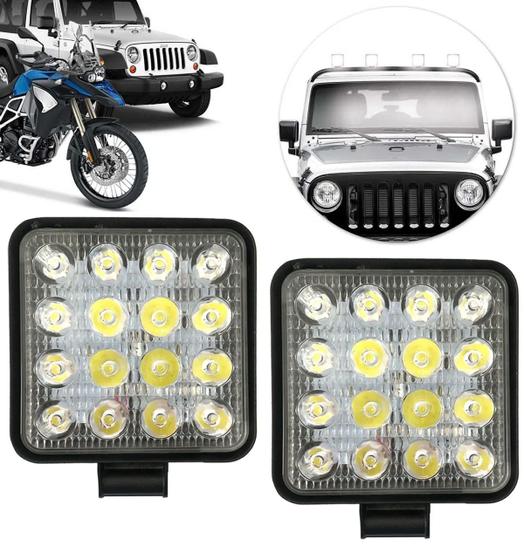 Imagem de Kit 2 Farol Milha 16 Led 48w 12v/24v Quadrado Off-road 6000k