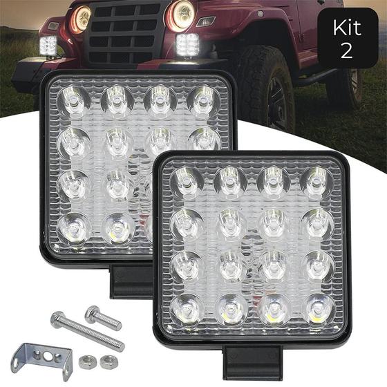 Imagem de Kit 2 Farol Milha 16 Leds 48w 12v/24v Quadrado Off-road 6000k