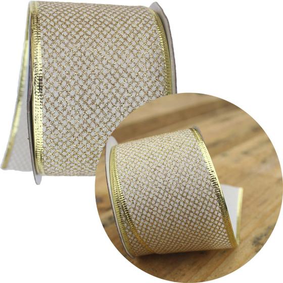 Imagem de Kit 2 Fita Aramada Natal Gliter Dourado Metal 6,3cm x 914cm