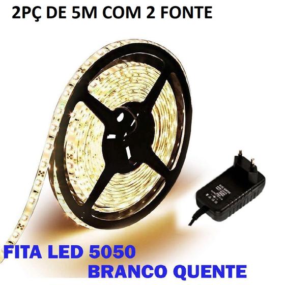 Imagem de Kit 2 Fita Led 5050 Branco Quente 3000k Luz Amarela Bivolt Com Fonte