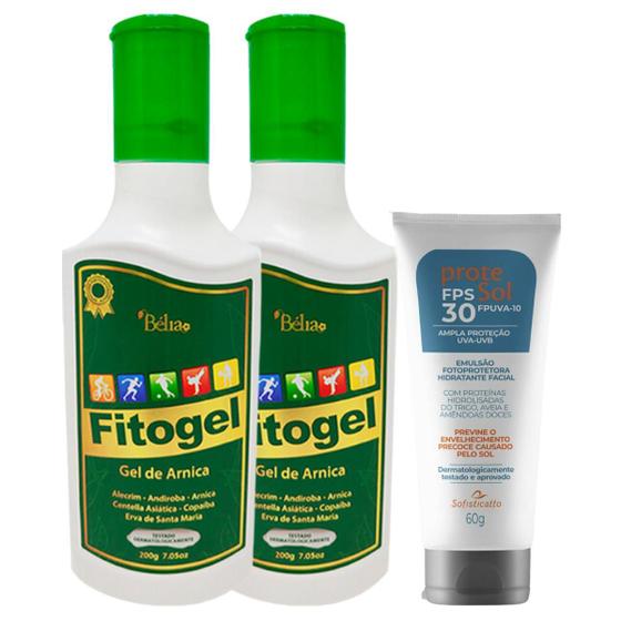 Imagem de Kit 2 Fitogel Gel de Arnica pra Dor no Corpo + 1 Protetor Solar Protesol 30 FPS