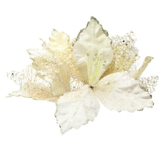 Imagem de Kit 2 Flores Com Cabo Artificial Decoração De Natal Com Glitter 22cm
