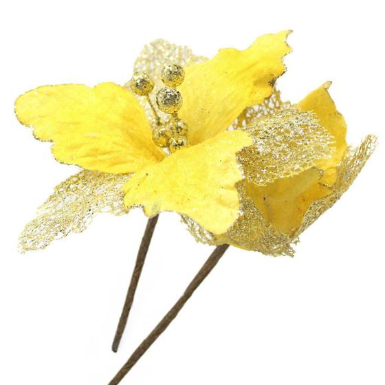 Imagem de Kit 2 Flores Com Cabo Artificial Decoração De Natal Com Glitter 27cm