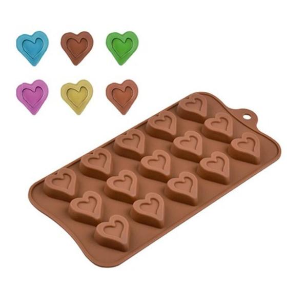 Imagem de Kit 2 Forma Molde de Silicone 15 Corações com Borda Chocolate Trufas Rosa Páscoa Gelo