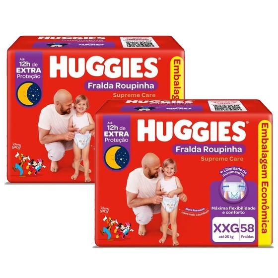 Imagem de Kit 2 Fralda Descartável Huggies Supreme Care Roupinha Bag XXG 58 Unidades