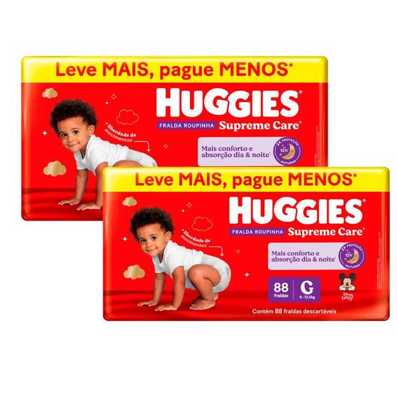 Kit 2 Fralda Roupinha Huggies Supreme Care Tamanho G 88 Unidades Descartáveis Imagem de Kit 2 Fralda Roupinha Huggies Supreme Care Tamanho G 88 Unidades Descartáveis