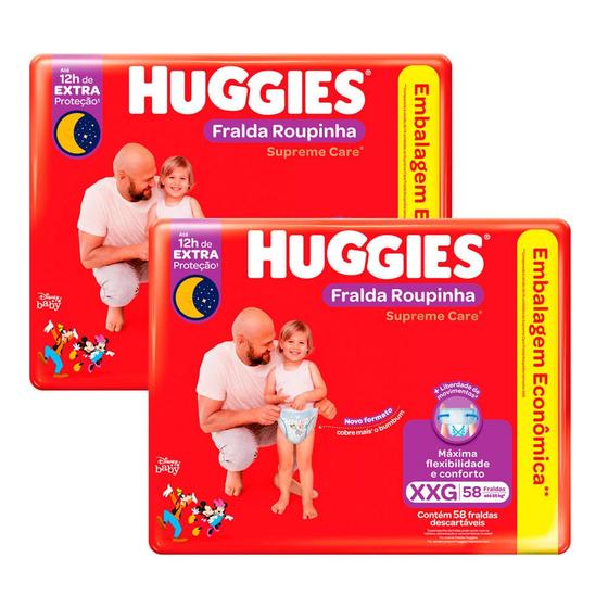 Kit 2 Fralda Roupinha Huggies Supreme Care Tamanho XXG 58 Unidades Descartáveis cada Menor preço em Kit 2 Fralda Roupinha Huggies Supreme Care Tamanho XXG 58 Unidades Descartáveis cada