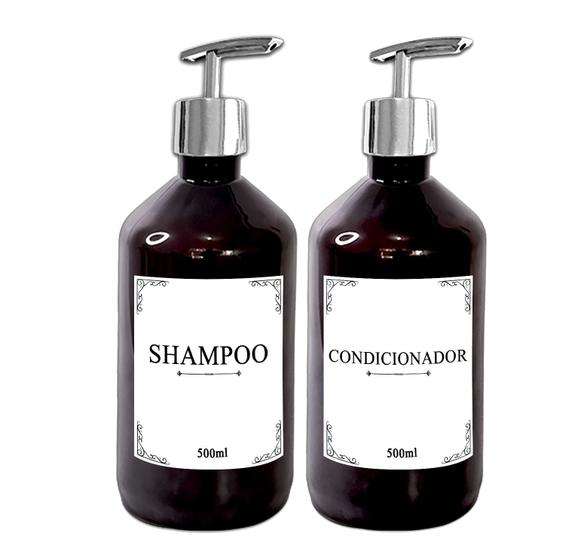 Imagem de Kit 2 Frasco Pet Ambar 500ml Decoração Minimalista Banheiro Sabonete Liquido Shampoo Condicionador c/ Válvula Pump  Pote