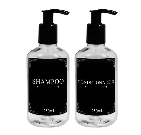 Imagem de Kit 2 Frasco Pet Cristal 250ml Decoração Minimalista Banheiro - Shampoo  Condicionador com Válvula Pump  Pote  plástico