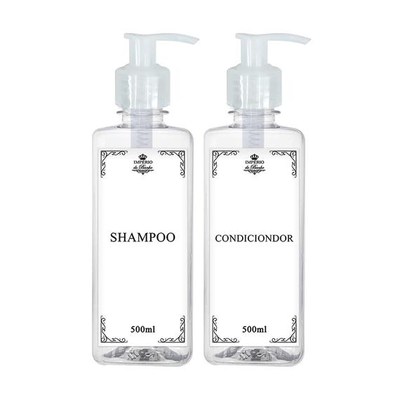 Imagem de Kit 2 Frasco Pet Cristal Quadrado 500ml Shampoo Condicionador com Válvula Pump Decoração Minimalista Banheiro  Pote