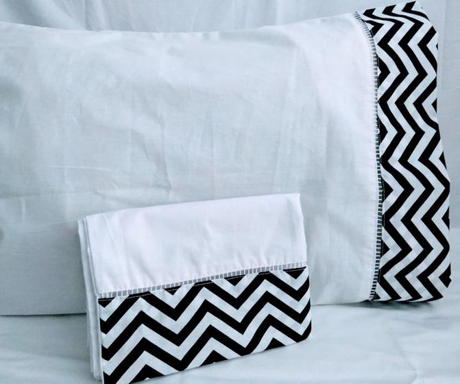 Imagem de Kit 2 Fronhas De Chevron  Algodão Ponto Palito 90x50 BRANCO COM PRETO 