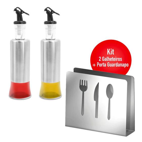 Imagem de Kit 2 Galheteiro 300ml Vidro Inox Dosador + Porta Papel Guardanapo Inox